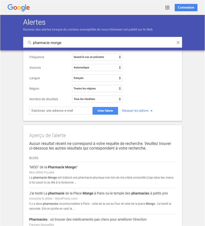e-réputation Google Alerte Capture d'écran de création d'une Google Alerte
