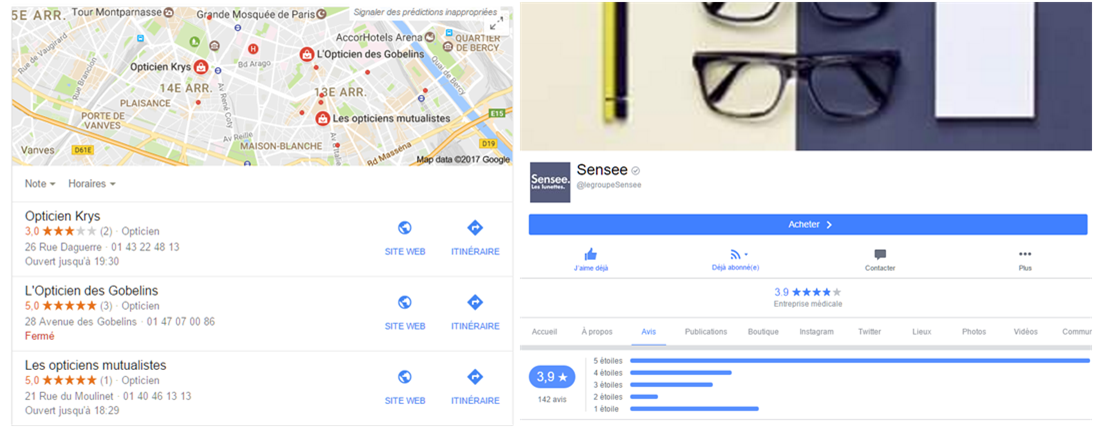 Résultats de recherche pour « opticien » sur le moteur de recherche Google et Avis clients sur la page Facebook de l’opticien Sensee Résultats de recherche pour « opticien » sur le moteur de recherche Google et Avis clients sur la page Facebook de l’opticien Sensee